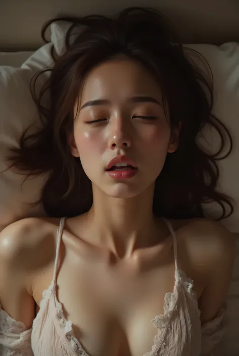 Woman in an orgasmic state with her head tilted back, Ecstatic state, ecstatic expression, opening her mouth wide,her eyes closed, Climax state, sex, Orgasmic facial expression, shot from above, bedroom, Ultra High Definition, Ultra High Resolution, master...