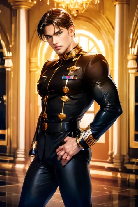 ((1 man)), alone, young handsome man, Latin mulatto skin, attractive features, tan tone skin, dark blue eyes, friendly expression,  man's long haircut medium, black brown hairstyle, small low ponytail at back of head, light beard, ((wearing black military ...