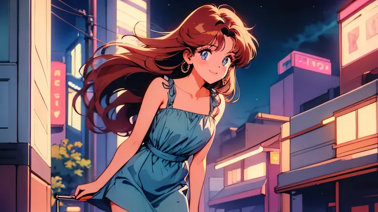 80's, retro, City pop, The best photo positions, dynamic angle, red hair woman, 19 years old Girl, Alone, smile, walking in a city at night, cute face, blue eyes, blue night dress, attractive position