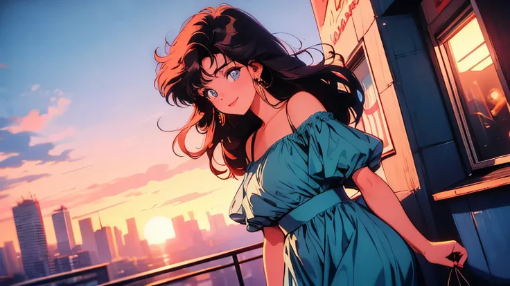 80's, retro, City pop, The best photo positions, dynamic angle, red hair woman, 19 years old Girl, Alone, smile, walking in a city at night, cute face, blue eyes, blue night dress, attractive position