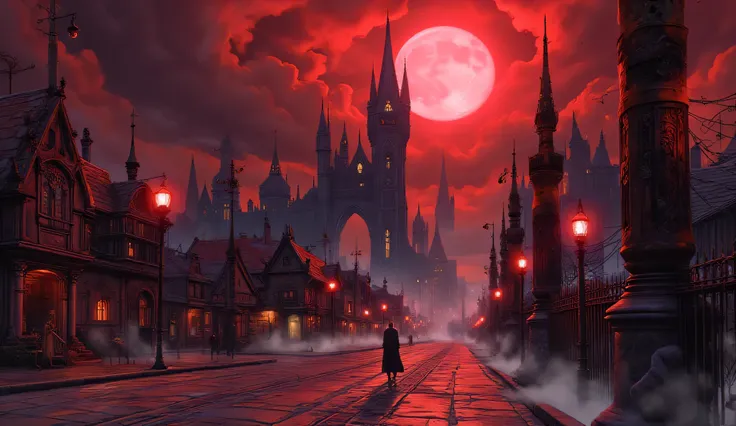 Vampire Realm, Pathfinder style, dark and gothic fantasy kingdom, ruled by ancient vampires, towering black castles, spires piercing blood-red skies, illuminated by eerie moonlight, streets lined with gothic architecture, gargoyles, sinister statues, vampi...