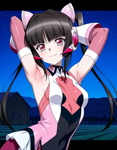 tsukuyomi shirabe, younger, sidelocks, pink eyes, black hair, blunt bangs, twintails, hair ribbon,headgear, hair ornament, symphogear pendant, elbow gloves, pink bodysuit, black bodysuit, two-tone bodysuit, two-tone gloves, detached sleeves, black choker, ...