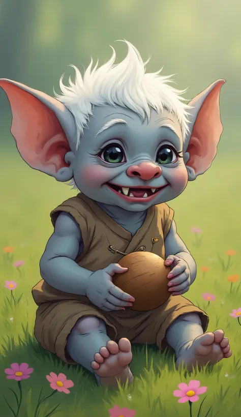 child trolls, large pointed ears, large nose, fangs, tusks, solo, grey skin, black eyes, white hair, Pathfinder fantasy, small and slightly chubby, grey skin, tiny tusks, big curious eyes, wears simple playful clothes, a bit too large clothes, charming and...