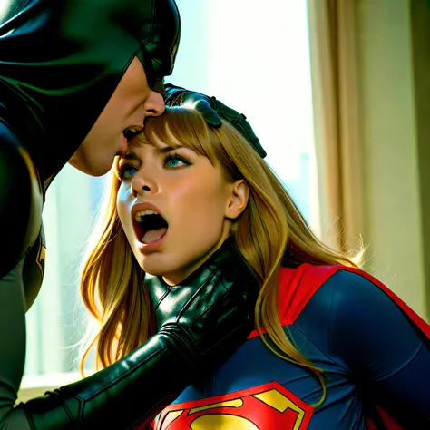 Melissa Benoist as Supergirl, she is defeated from fighting with a Batman, screaming in pain, she is raped by Batman, Batman rapes her hardly, he grab her head tightly, hyperrealism, realistic picture,