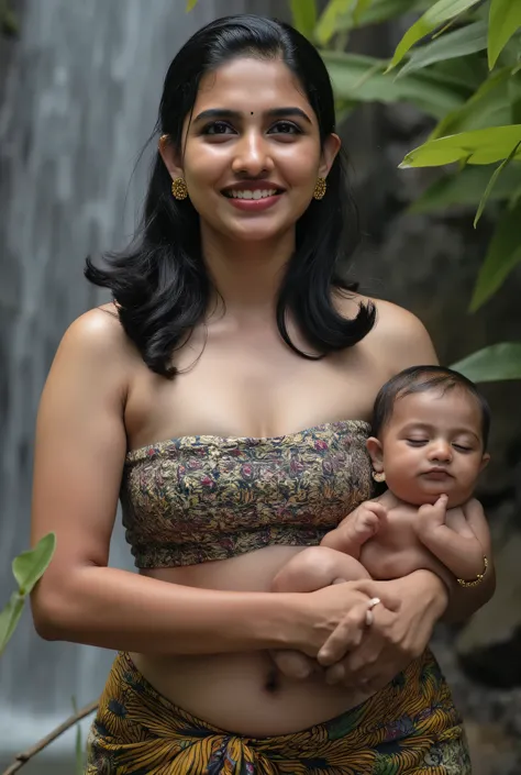 Indian fashion model Kajal Agarwal posed erotic in a lush with his cute little new born baby with waterfall setting, her sexy plus size, voluptuous figure accentuated in a delicate, wearing a sexy revealing strapless tube blouse and bottom dhoti exposing ...