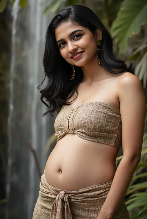 18 years old cute Indian fashion model Kajal Agarwal posed erotic in a lush with his cute little new born baby with waterfall setting, her sexy plus size, voluptuous figure accentuated in a delicate, wearing a sexy revealing strapless tube blouse and bott...