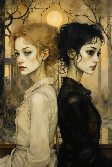 baroque pictorial style , dramatic portrait of two girls back to back. On the left is a bright blond girl dressed in white, on the right is a girl with black hair dressed in black, eyes that shine in light and dark, richly detailed fabrics, timeless serene...
