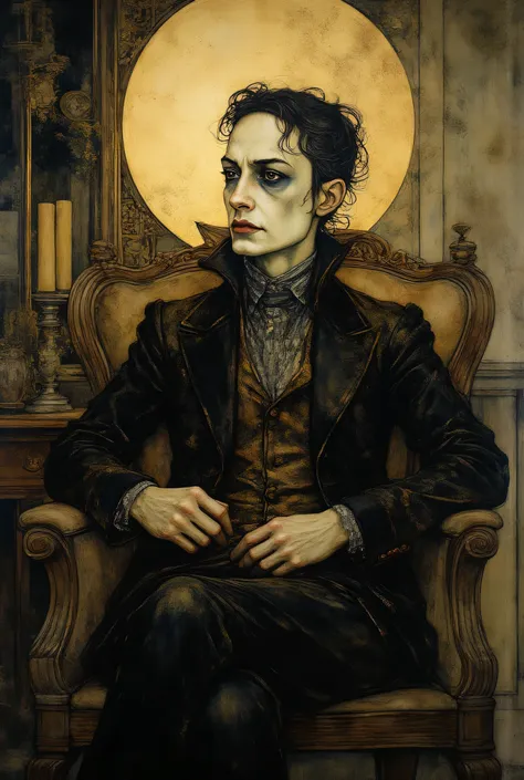 baroque pictorial style , dramatic full-length portrait of a nineteenth-century vampire, sits in an armchair and looks at the horizon, ambiente buio, lucine. eyes that shine in light and dark, richly detailed fabrics, timeless serene expression, Baron Munc...