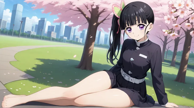 best quality, hot thighs, excellent quality, very aesthetic, absurdress, masterpiece, 1 maiden, , long hair, black hair, Side ponytail , hair ornament, style straight bangs, purple eyes, medium-sized chest, black shirt, long sleeves, white belt, pleated s...