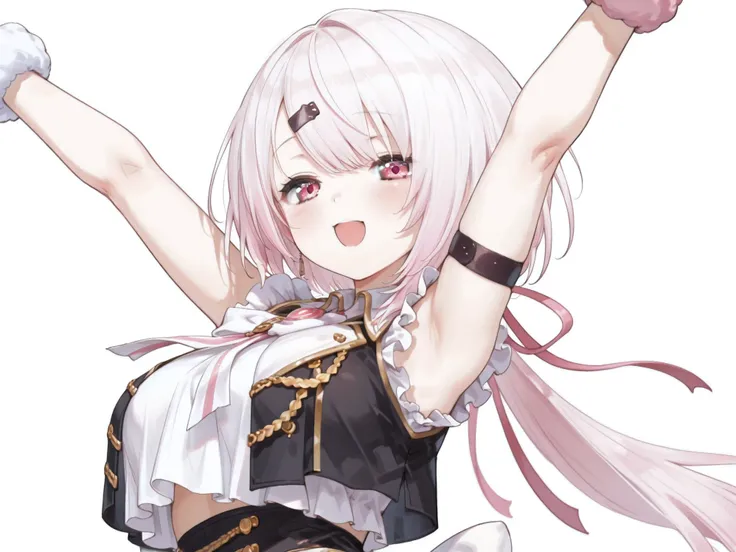 nijiyuikacos,white shirt,frilled shirt,shirt overhang,sleeveless,black vest,crop top vest,open vest,aiguillette,gold trim,white bow,pink brooch,single armband,black armband,white skirt,frilled skirt,layered skirt,black thigh strap,fur-trimmed gloves,,nijiy...
