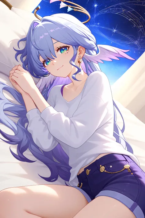 1 girl,robin \(honkai: star rail\),stage,starry sky,Halo，earrings，Head Wings ,Short jeans,white shirt,Lying in bed,Smile,highly detailed,Contrast,ray tracing,  best lighting , Cinematic Composition,  Pretty faces ,best quality, are very beautiful, ultra-hi...