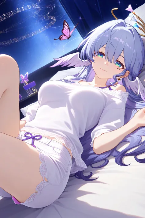 1 girl,robin \(honkai: star rail\),stage,starry sky,Halo，earrings，Head Wings ,white shorts,white shirt,Lace,Glimmering,Lying in bed,Smile,highly detailed,Contrast,ray tracing,  best lighting , Cinematic Composition,  Pretty faces ,best quality, are very be...