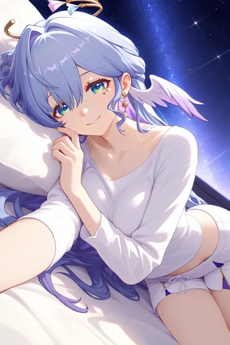 1 girl,robin \(honkai: star rail\),stage,starry sky,Halo，earrings，Head Wings ,white shorts,white shirt,Lace,Glimmering,Lying in bed,Smile,highly detailed,Contrast,ray tracing,  best lighting , Cinematic Composition,  Pretty faces ,best quality, are very be...
