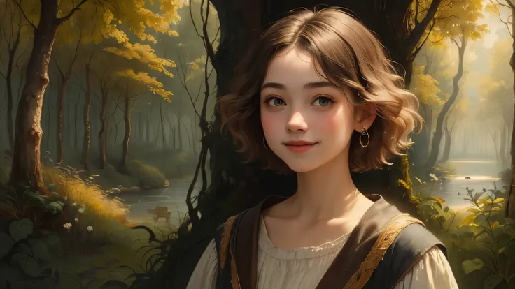 408 ((In the woods)),((18 year old woman)),(short hair),(shortcut),(Neat hair),(super high image quality at sea level),(Rembrandt-style painting),(Archaic smile),2025.09.05,((Wildlife))