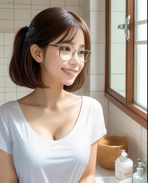 Highest Quality、、 ultra fine 、Clear Photo、 professional brushstrokes、(wake up、Morning preparations)、( Brush your teethかわいい女の子 、idol class ) 、 small face 、 (Bang Hair、Girl Wearing Glasses)、 thin waist、 (cleavage is visible with creases:1.4、erectile ...