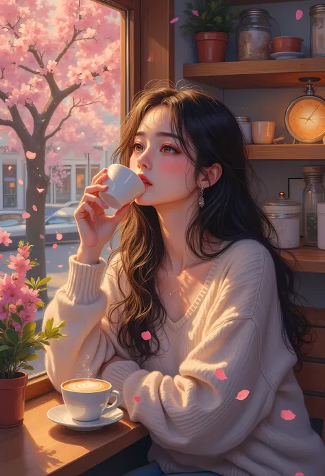 lounging in a cozy urban coffee shop during golden hour. she has long hair with soft highlights, stylish oversized sweater with a romantic melancholic vibe and a beautiful anime girl wearing a pleated skirt, Drinking latte with latte art. Her expression is...