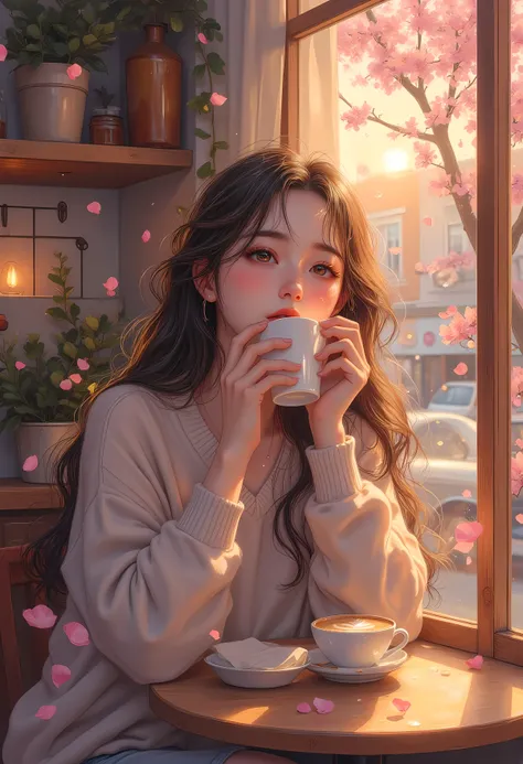 lounging in a cozy urban coffee shop during golden hour. she has long hair with soft highlights, stylish oversized sweater with a romantic melancholic vibe and a beautiful anime girl wearing a pleated skirt, Drinking latte with latte art. Her expression is...