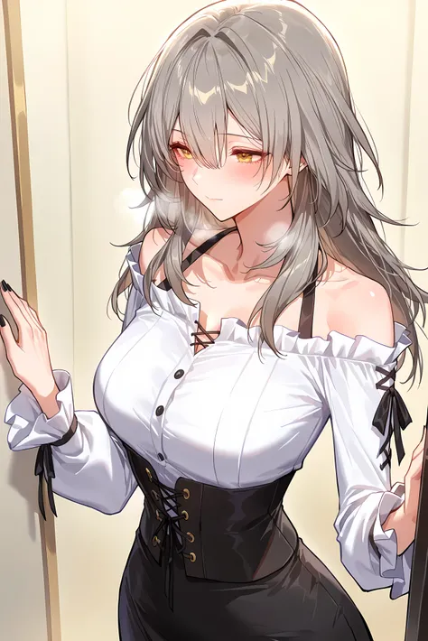 score_9, score_8_up, score_7_up, masterpiece, best quality, very aesthetic, absurdres, tunning image, attractive image, solo, 1girl, adult grown woman, stelle (honkai: star rail), grey hair, bangs, hair between eyes, long hair, yellow eyes, medium breasts,...