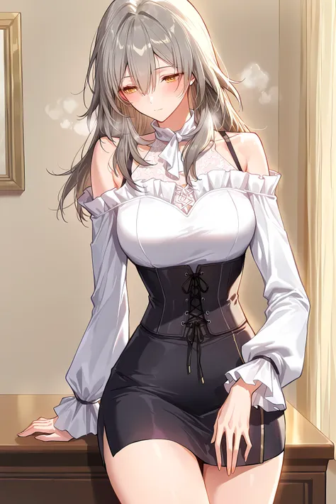 score_9, score_8_up, score_7_up, masterpiece, best quality, very aesthetic, absurdres, tunning image, attractive image, solo, 1girl, adult grown woman, stelle (honkai: star rail), grey hair, bangs, hair between eyes, long hair, yellow eyes, medium breasts,...