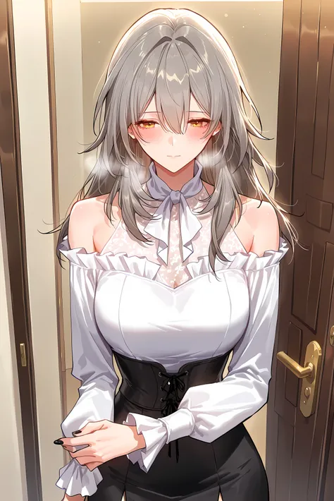 score_9, score_8_up, score_7_up, masterpiece, best quality, very aesthetic, absurdres, tunning image, attractive image, solo, 1girl, adult grown woman, stelle (honkai: star rail), grey hair, bangs, hair between eyes, long hair, yellow eyes, medium breasts,...