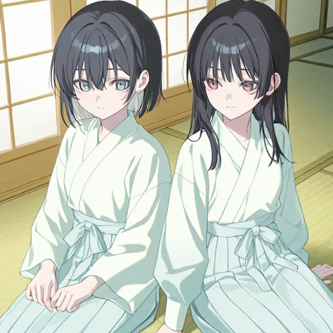 score_9,score_8_up,score_7_up,2 Girls, woman with straight black hair、calm face、 not very beautiful 、sitting on tatami mat、Japanese-style room、soft light、big anime-style eyes and shiny hair、Soft line art and soft shadows、Deep Background、light pastel colors...