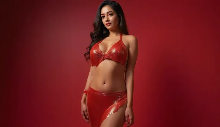 (photorealism:1.2), full body, front picture, young Indian woman in sexy dance pose party look fair skin, full romance full red dark lips open hair indian girl sexy, wearing with high heels and body show visible full body with legs with high heels with fac...
