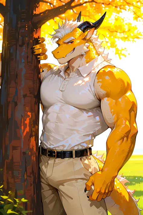 masterpiece, best quality, very awa, highres, illustration, soft focus, warm lighting, nostalgic atmosphere, film grain effect,

1boy, solo, male focus, late twenties

male, furry, anthro, dragon boy, handsome, muscular, athletic build, wide shoulders, nar...
