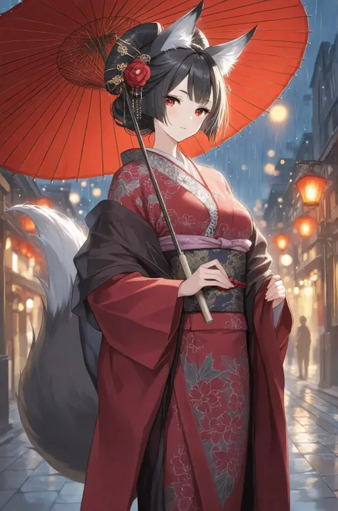 high quality, masterpiece, ultra-detailed, elegant oiran foxgirl, traditional kimono, ornate hair ornaments, oil-paper umbrella, rainy night atmosphere, red lantern-lit street, fox ears tail
