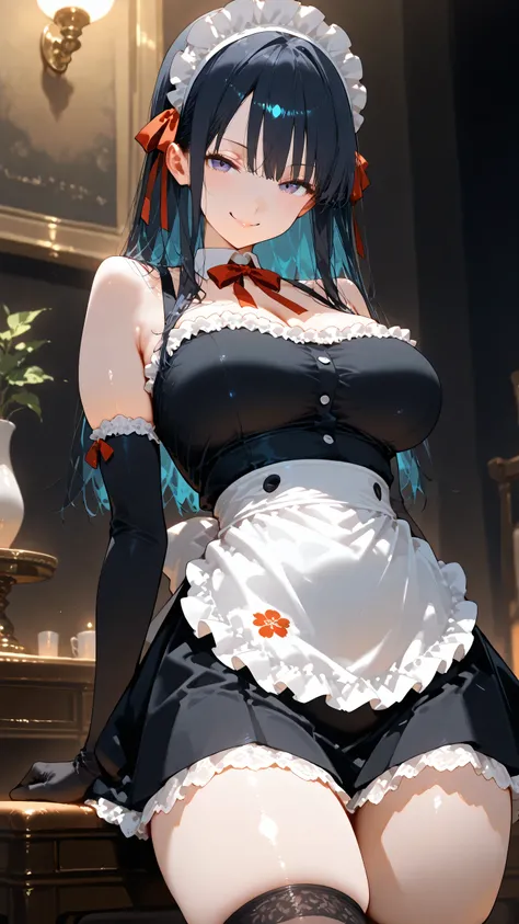 masterpiece, super high resolution,1 girl,futaba sakura,big eyes,naughty face,long hair,straight hair,Sexy shoulders,classic maid clothes,frill shirt,mini skirt,Maid Headdress,Elbow High Gloves,knee-high socks,BIG BREASTS,attractive thighs,leaning back,ran...