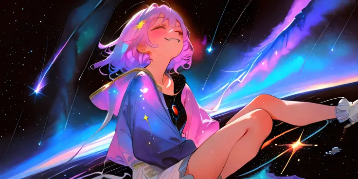 1girl\((sit on star:1.3) with big smile\),at beautiful nebula, (so many shooting stars),many beautiful planet,dynamic angle, focus on girls face, watercolor picture-book style,rough touch, space-scape,masterpiece,best quality