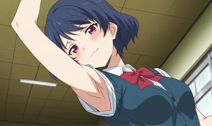 masterpiece, best quality, amazing quality, anime screencap, anime coloring, 1girl, solo, tachibana rui, short hair, blue hair, medium breasts, choppy bangs, purple eyes, white shirt, collared shirt, red bowtie, blue vest, cardigan vest, untucked shirt, sl...