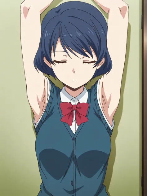 masterpiece, best quality, amazing quality, anime screencap, anime coloring, 1girl, solo, tachibana rui, short hair, blue hair, medium breasts, choppy bangs, white shirt, collared shirt, red bowtie, blue vest, cardigan vest, untucked shirt, sleeveless, bar...