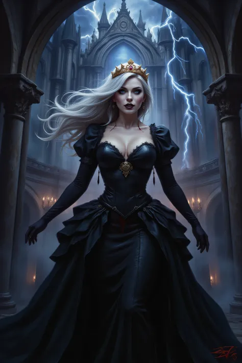 FntsyPstlCE style,midjourney ,an epic comic art painting, watercolor masterpiece art a vampire queen, a female vampire queen gold crown, wearing black sexy dress,blood on dress, white stockings, high heels boots, pale white skin, best details beautiful fac...