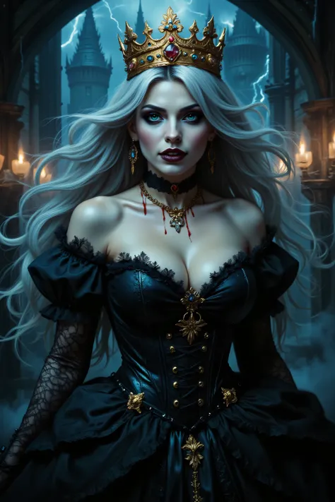 FntsyPstlCE style,midjourney ,an epic comic art painting, a vampire queen, a female vampire queen gold crown, wearing black goth dress, intricate dress, elegant dress, blood on dress, high heels boots, pale white skin, best details beautiful face ,dynamic ...
