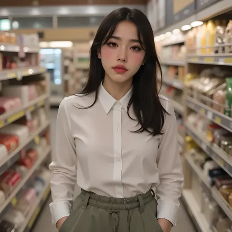(masterpiece, best quality, ultra-detailed, photorealistic, 8k, natural lighting, DSLR photo, shallow depth of field, bokeh, realistic colors, candid photography style), a stunning young Korean woman in her early 20s, resembling Jang Wonyoung, with an hour...