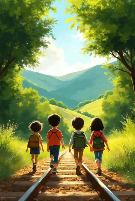 Four children from behind walk on the train tracks. Figure intere. Sfondo campestre, alberi