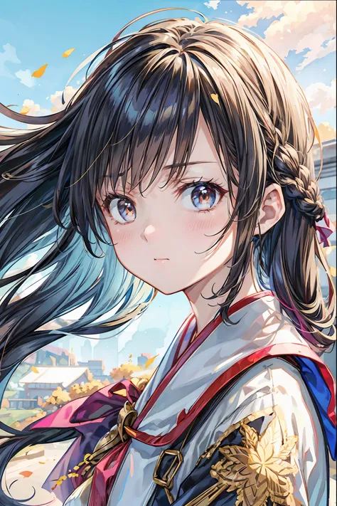 Girl、My hair flutters in a strong wind，Strong winds，Leaves fluttering，Illuminated by a Mysterious Summon、Moment where ordinary everyday life completely changes，High Quality 4K Realistic Depiction，Becomes the central character of the story due to special ev...