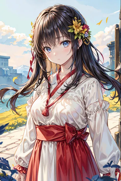 Girl、My hair flutters in a strong wind，Strong winds，Leaves fluttering，Illuminated by a Mysterious Summon、Moment where ordinary everyday life completely changes，High Quality 4K Realistic Depiction，Becomes the central character of the story due to special ev...