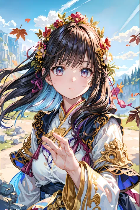 Girl、My hair flutters in a strong wind，Strong winds，Leaves fluttering，Illuminated by a Mysterious Summon、Moment where ordinary everyday life completely changes，High Quality 4K Realistic Depiction，Becomes the central character of the story due to special ev...