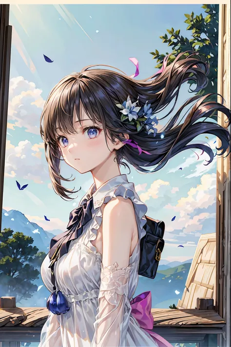 Girl、My hair flutters in a strong wind，Strong winds，Leaves fluttering，Illuminated by a Mysterious Summon、Moment where ordinary everyday life completely changes，I'm going to live here，High Quality 4K Realistic Depiction，Becomes the central character of the ...