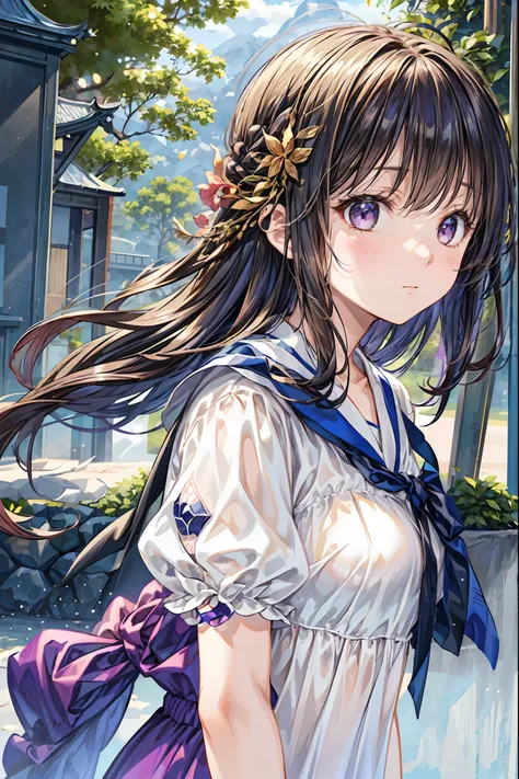 Girl、My hair flutters in a strong wind，Strong winds，Leaves fluttering，Illuminated by a Mysterious Summon、Moment where ordinary everyday life completely changes，I'm going to live here，High Quality 4K Realistic Depiction，Becomes the central character of the ...