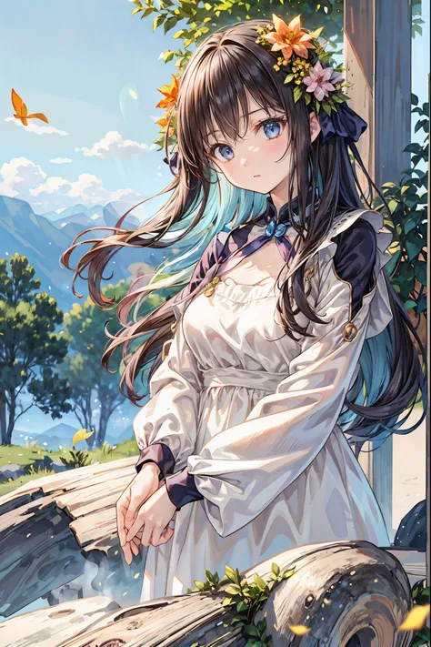 Girl、My hair flutters in a strong wind，Strong winds，Leaves fluttering，Illuminated by a Mysterious Summon、Moment where ordinary everyday life completely changes，I'm going to live here，High Quality 4K Realistic Depiction，Becomes the central character of the ...