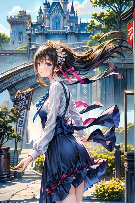 Girl、My hair flutters in a strong wind，Strong winds，Leaves fluttering，Illuminated by a Mysterious Summon、Moment where ordinary everyday life completely changes，High Quality 4K Realistic Depiction，Becomes the central character of the story due to special ev...