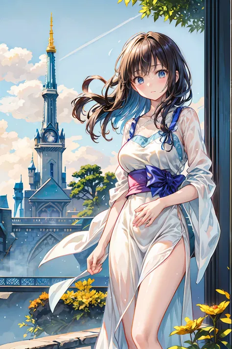 Girl、My hair flutters in a strong wind，Strong winds，Leaves fluttering，Illuminated by a Mysterious Summon、Moment where ordinary everyday life completely changes，High Quality 4K Realistic Depiction，Becomes the central character of the story due to special ev...