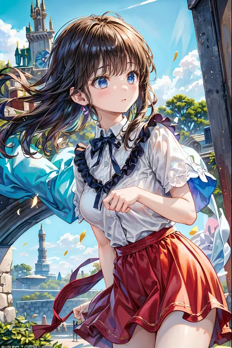 Girl、My hair flutters in a strong wind，Strong winds，Leaves fluttering，Illuminated by a Mysterious Summon、Moment where ordinary everyday life completely changes，High Quality 4K Realistic Depiction，Becomes the central character of the story due to special ev...