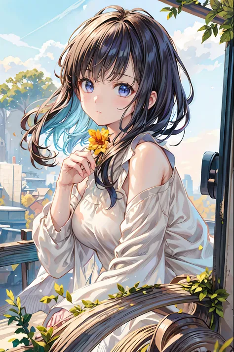 Girl、My hair flutters in a strong wind，Strong winds，Leaves fluttering，Illuminated by a Mysterious Summon、Moment where ordinary everyday life completely changes，High Quality 4K Realistic Depiction，Becomes the central character of the story due to special ev...