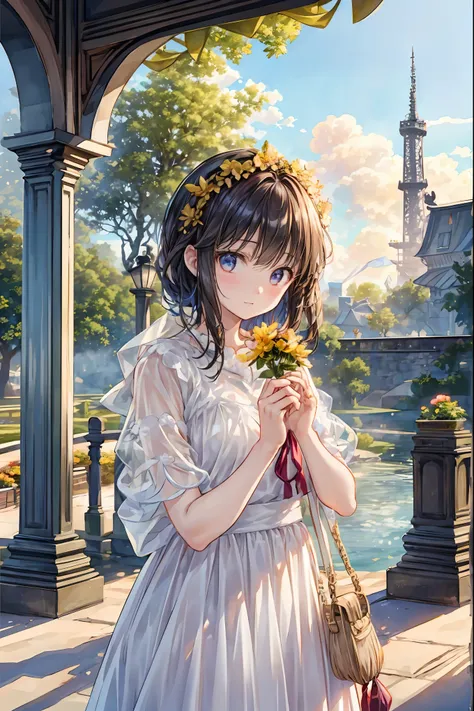 Girl、My hair flutters in a strong wind，Strong winds，Leaves fluttering，Illuminated by a Mysterious Summon、Moment where ordinary everyday life completely changes，High Quality 4K Realistic Depiction，Becomes the central character of the story due to special ev...