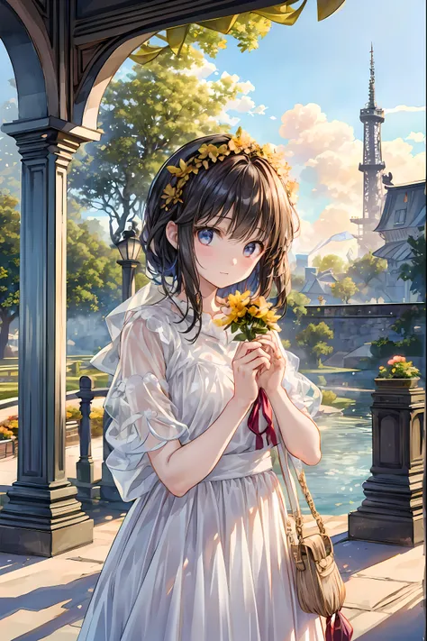 Girl、My hair flutters in a strong wind，Strong winds，Leaves fluttering，Illuminated by a Mysterious Summon、Moment where ordinary everyday life completely changes，High Quality 4K Realistic Depiction，Becomes the central character of the story due to special ev...