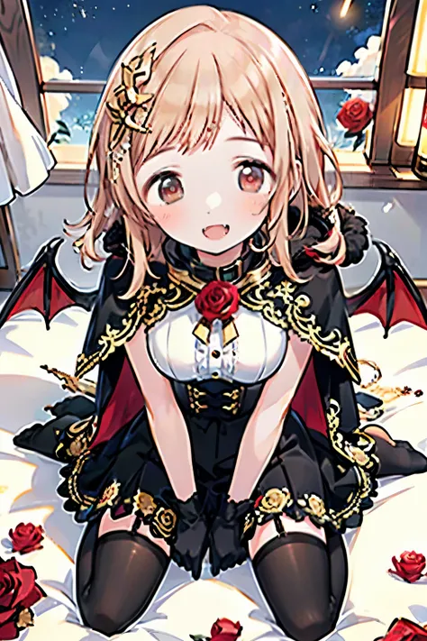 Sakuragi Mano, vampire, ((Mega Breasts)), smile, Fluffy, Healing, (best quality:1.5), (masterpiece:1.5), (ultra-detailed illustration follow the prompt:1.5), blush, light brown hair, medium hair, (detailed eyes:1.5), (feature triple highlights in eyes:1.5)...