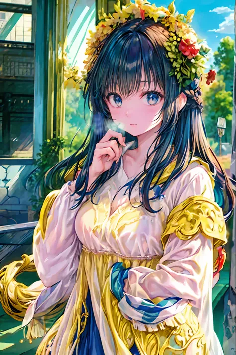 Girl、My hair flutters in a strong wind，Strong winds，Leaves fluttering，Illuminated by a Mysterious Summon、Moment where ordinary everyday life completely changes，High Quality 4K Realistic Depiction，Becomes the central character of the story due to special ev...